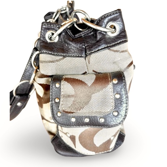 Vintage Handbag Brown Taupe Tan Side Pockets Silver Hardware - Picture 3 of 9